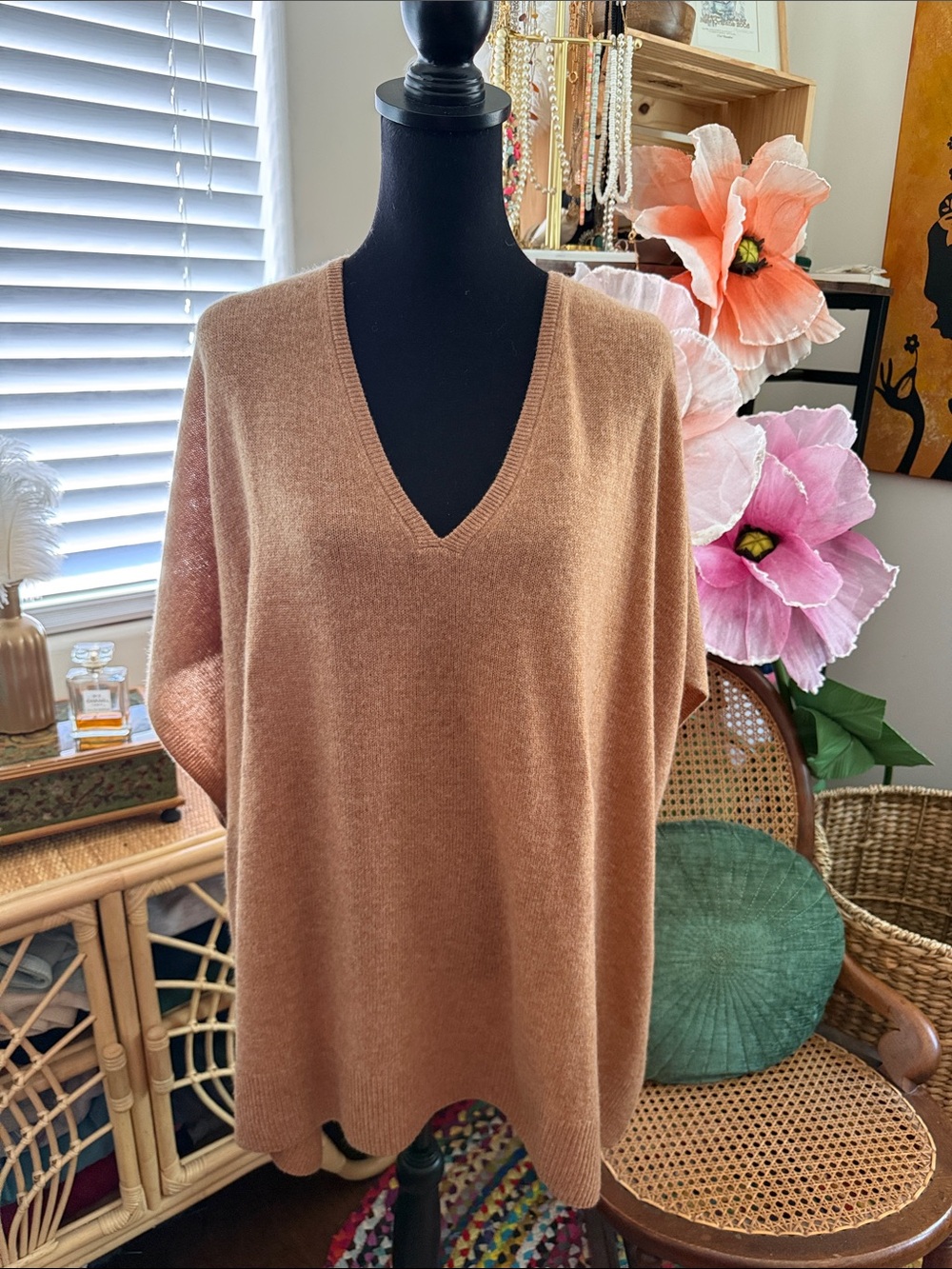 Nordstrom Camel Cashmere Wool Blend V-Neck Boho Classic Popover Poncho Cape